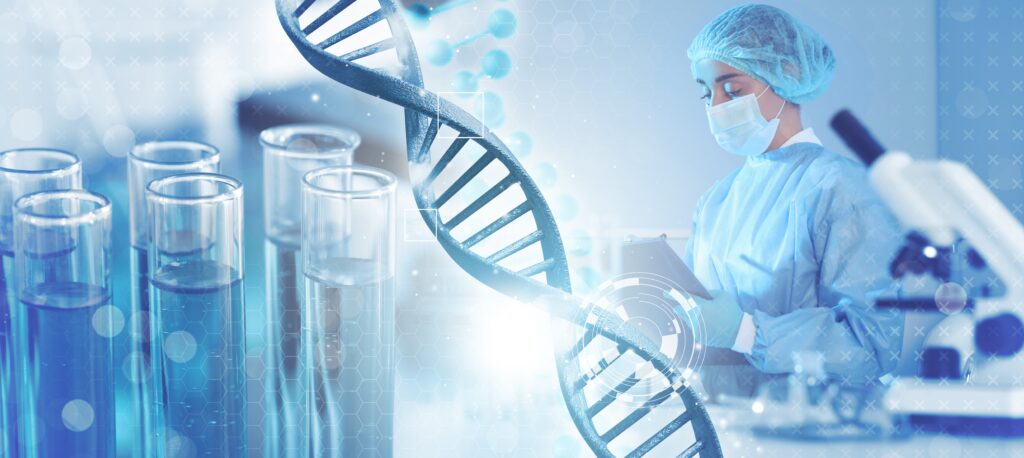 scientist,working,in,lab,,test,tubes,and,dna,,multiple,exposure.